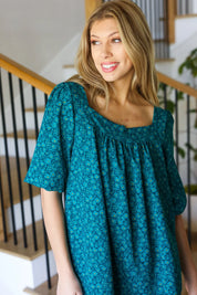 Perfectly You Teal Floral Three Quarter Sleeve Square Neck Top | Daverri Fashions