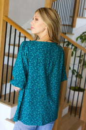 Perfectly You Teal Floral Three Quarter Sleeve Square Neck Top | Daverri Fashions