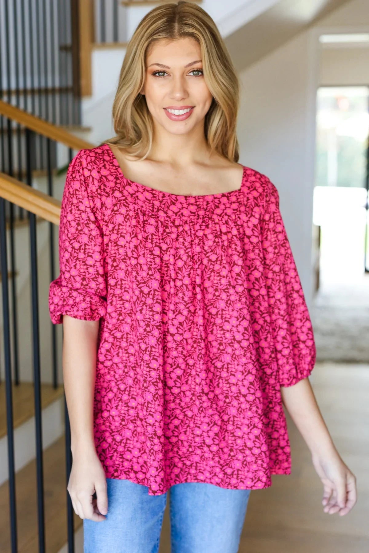 Perfectly You Fuchsia Floral Three Quarter Sleeve Square Neck Top | Daverri Fashions