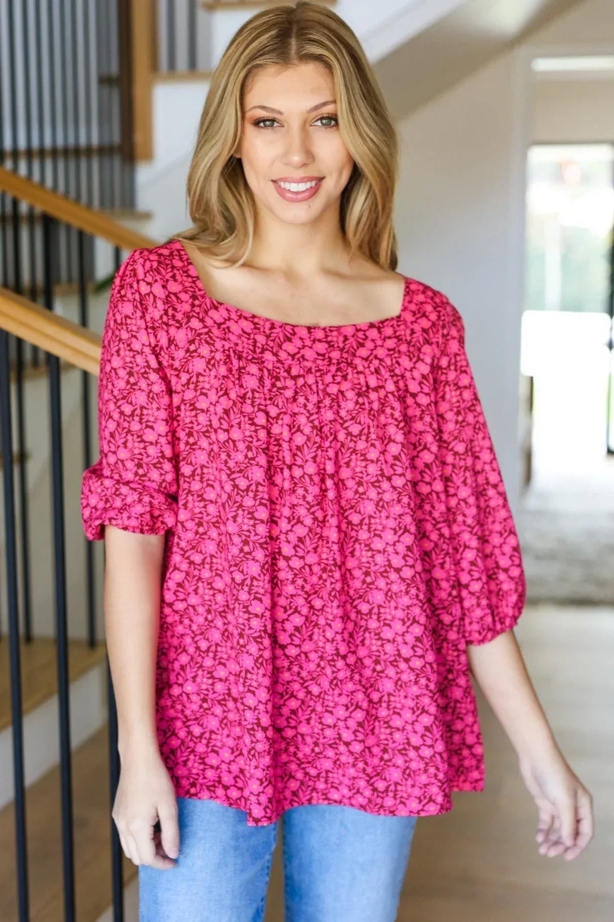 Perfectly You Fuchsia Floral Three Quarter Sleeve Square Neck Top - DAVERRI FASHIONS