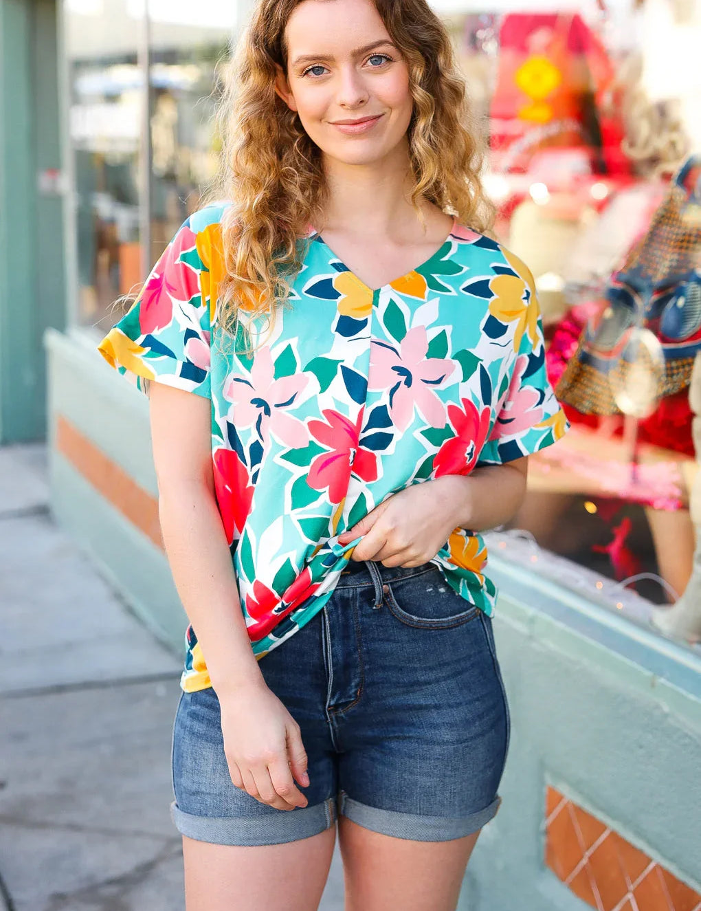 Teal & Coral Flat Floral V Neck Top | 07-01-25 Summer Sale Daverri Fashions