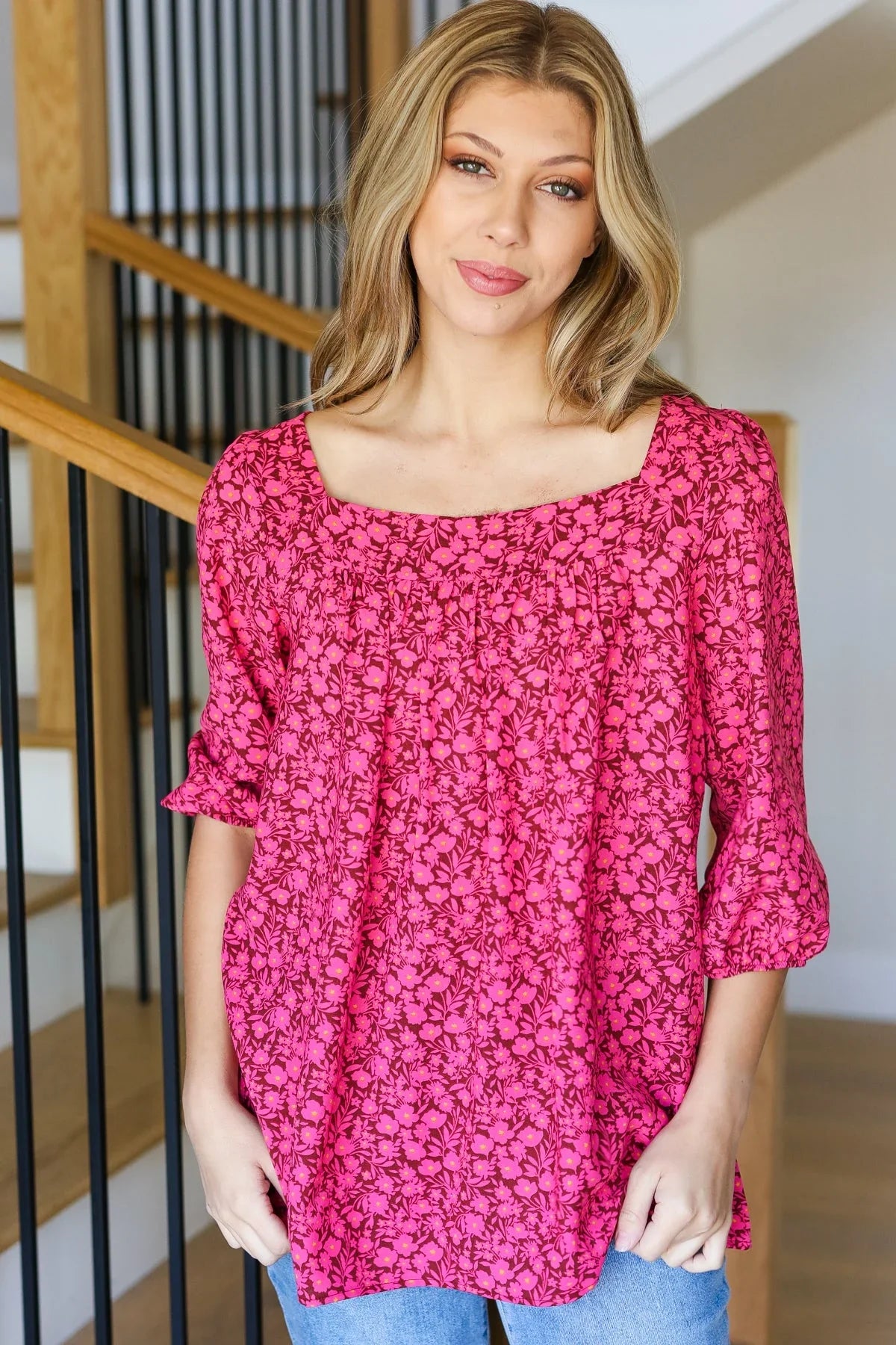Perfectly You Fuchsia Floral Three Quarter Sleeve Square Neck Top | Daverri Fashions