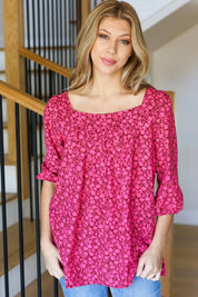 Perfectly You Fuchsia Floral Three Quarter Sleeve Square Neck Top | Daverri Fashions