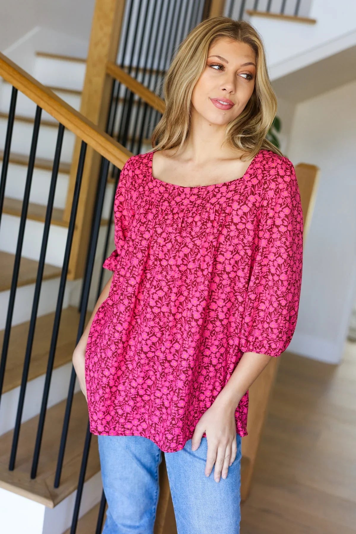 Perfectly You Fuchsia Floral Three Quarter Sleeve Square Neck Top | Daverri Fashions