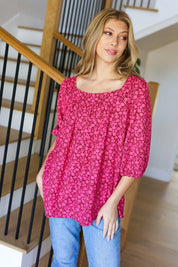 Perfectly You Fuchsia Floral Three Quarter Sleeve Square Neck Top | Daverri Fashions