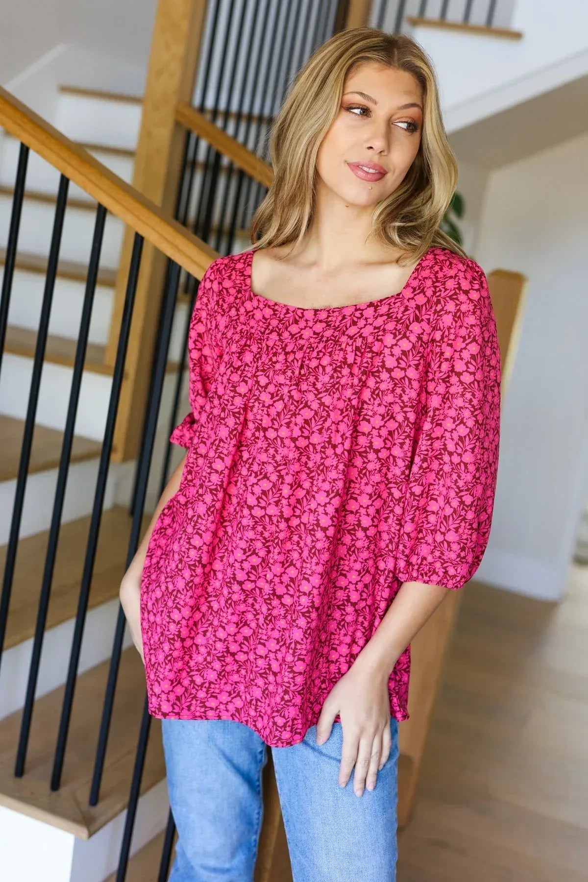 Perfectly You Fuchsia Floral Three Quarter Sleeve Square Neck Top - DAVERRI FASHIONS
