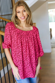 Perfectly You Fuchsia Floral Three Quarter Sleeve Square Neck Top | Daverri Fashions