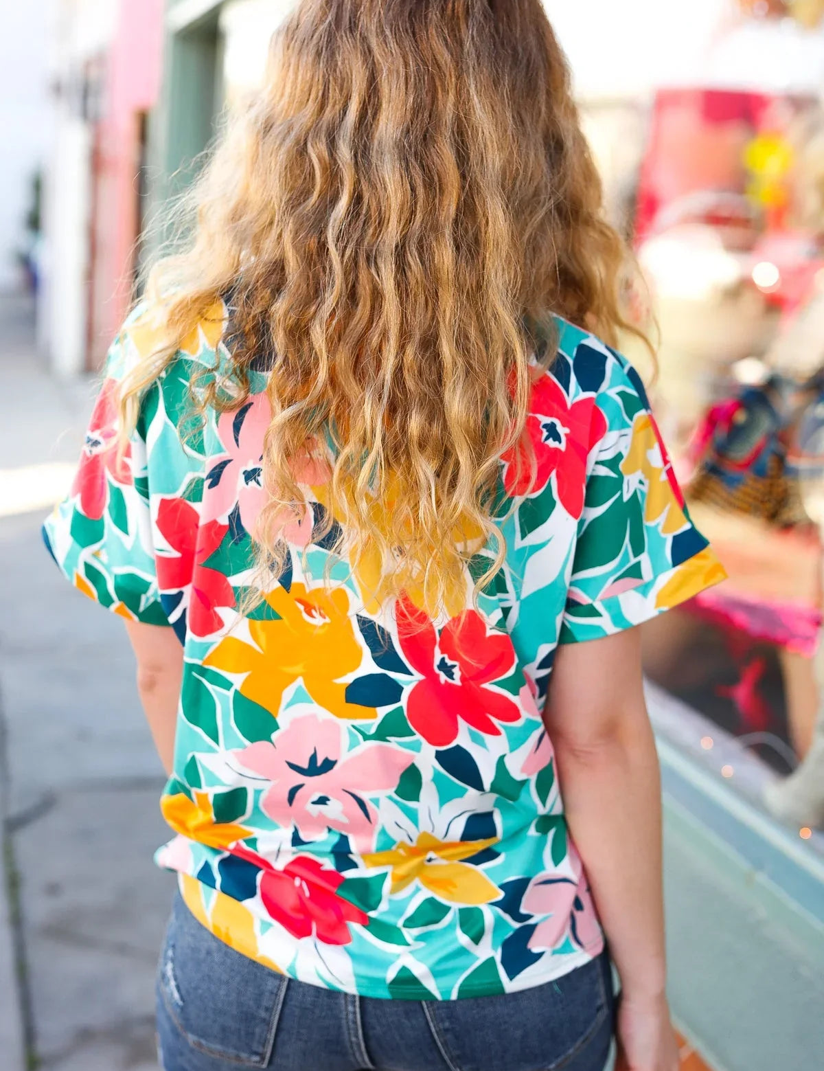 Teal & Coral Flat Floral V Neck Top | 07-01-25 Summer Sale Daverri Fashions