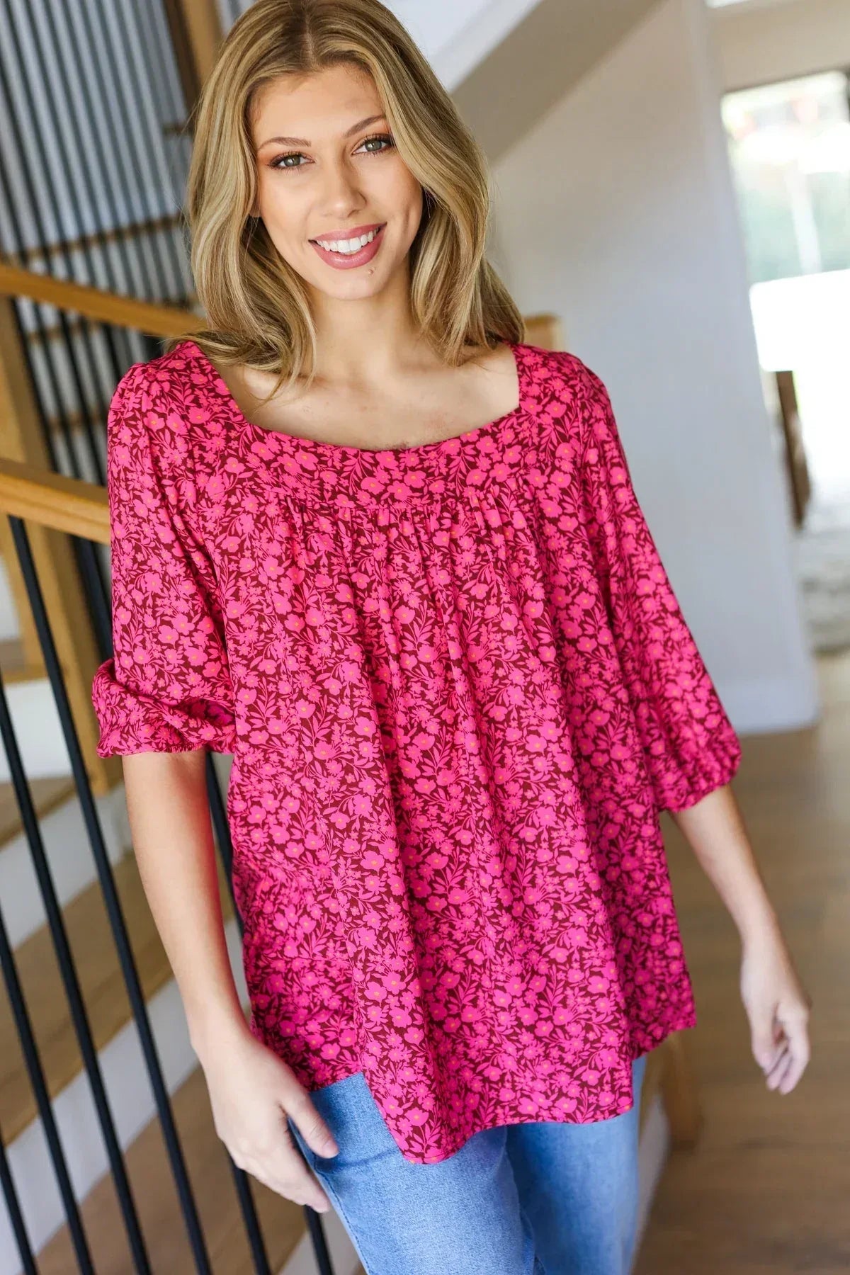 Perfectly You Fuchsia Floral Three Quarter Sleeve Square Neck Top - DAVERRI FASHIONS