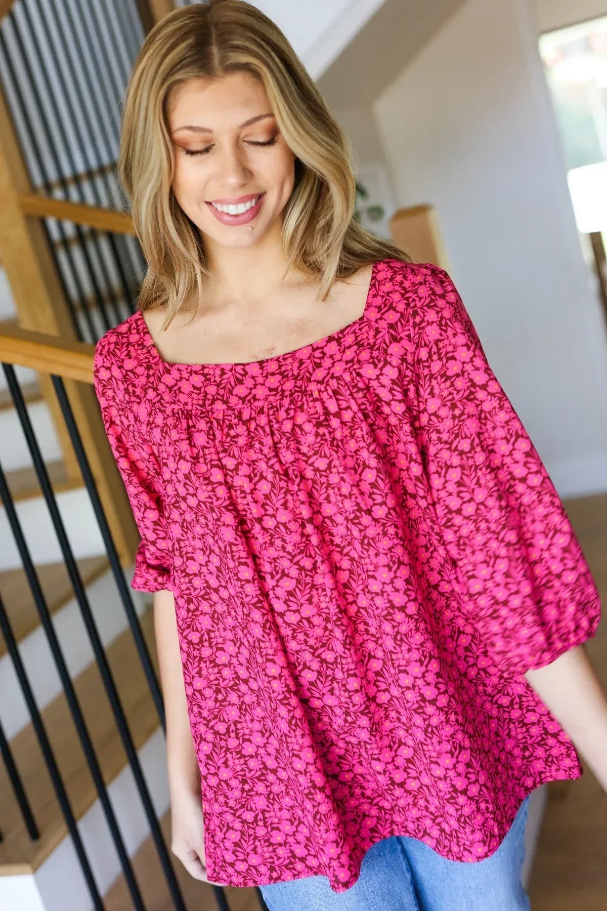 Perfectly You Fuchsia Floral Three Quarter Sleeve Square Neck Top - DAVERRI FASHIONS