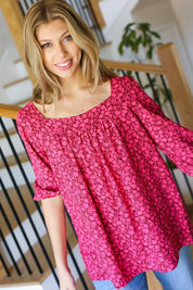 Perfectly You Fuchsia Floral Three Quarter Sleeve Square Neck Top | Daverri Fashions