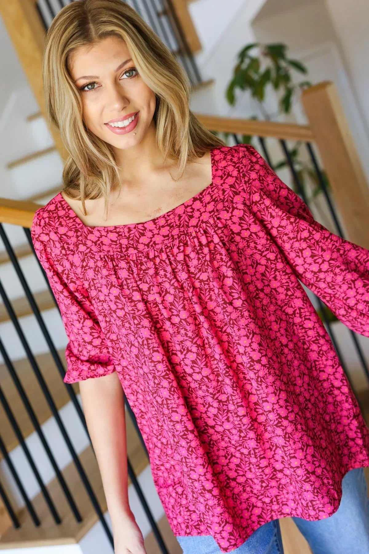 Perfectly You Fuchsia Floral Three Quarter Sleeve Square Neck Top - DAVERRI FASHIONS