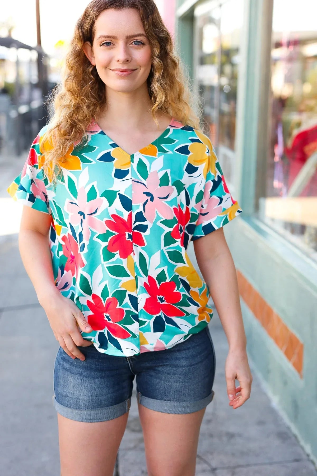 Teal & Coral Flat Floral V Neck Top | 07-01-25 Summer Sale Daverri Fashions
