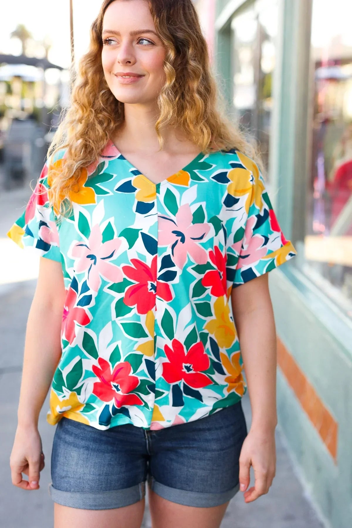 Teal & Coral Flat Floral V Neck Top | 07-01-25 Summer Sale Daverri Fashions