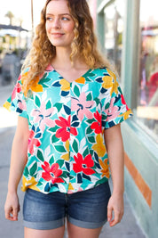 Teal & Coral Flat Floral V Neck Top | 07-01-25 Summer Sale Daverri Fashions
