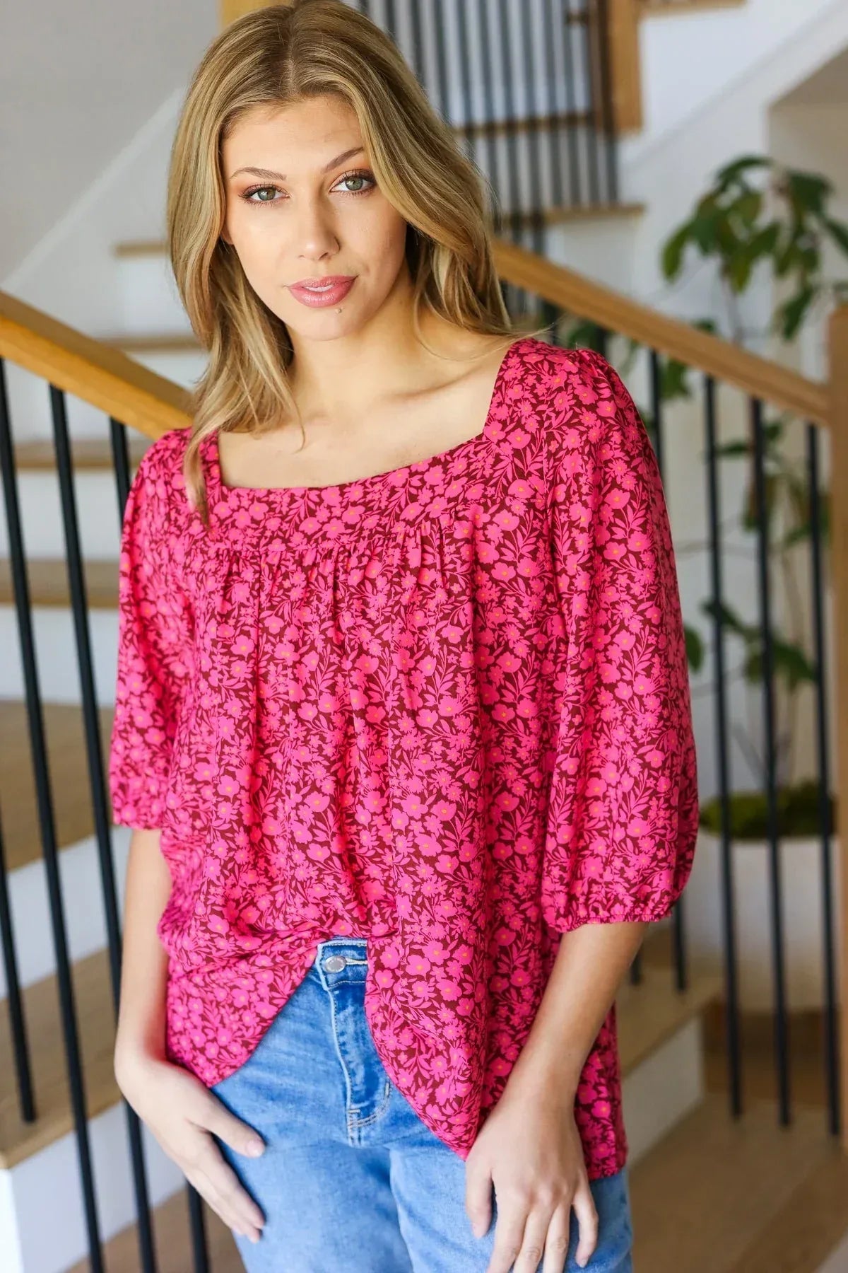 Perfectly You Fuchsia Floral Three Quarter Sleeve Square Neck Top - DAVERRI FASHIONS