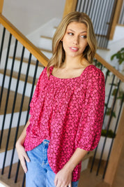 Perfectly You Fuchsia Floral Three Quarter Sleeve Square Neck Top | Daverri Fashions