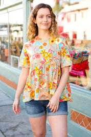 Peach & Aqua Floral Babydoll Top | Daverri Fashions