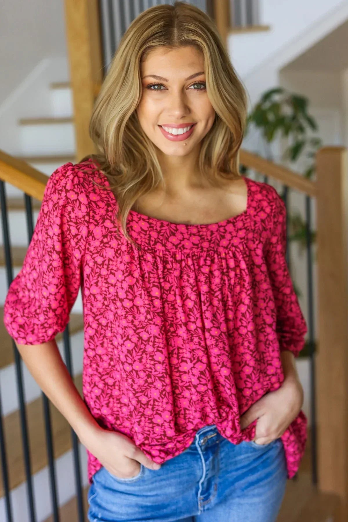 Perfectly You Fuchsia Floral Three Quarter Sleeve Square Neck Top - DAVERRI FASHIONS