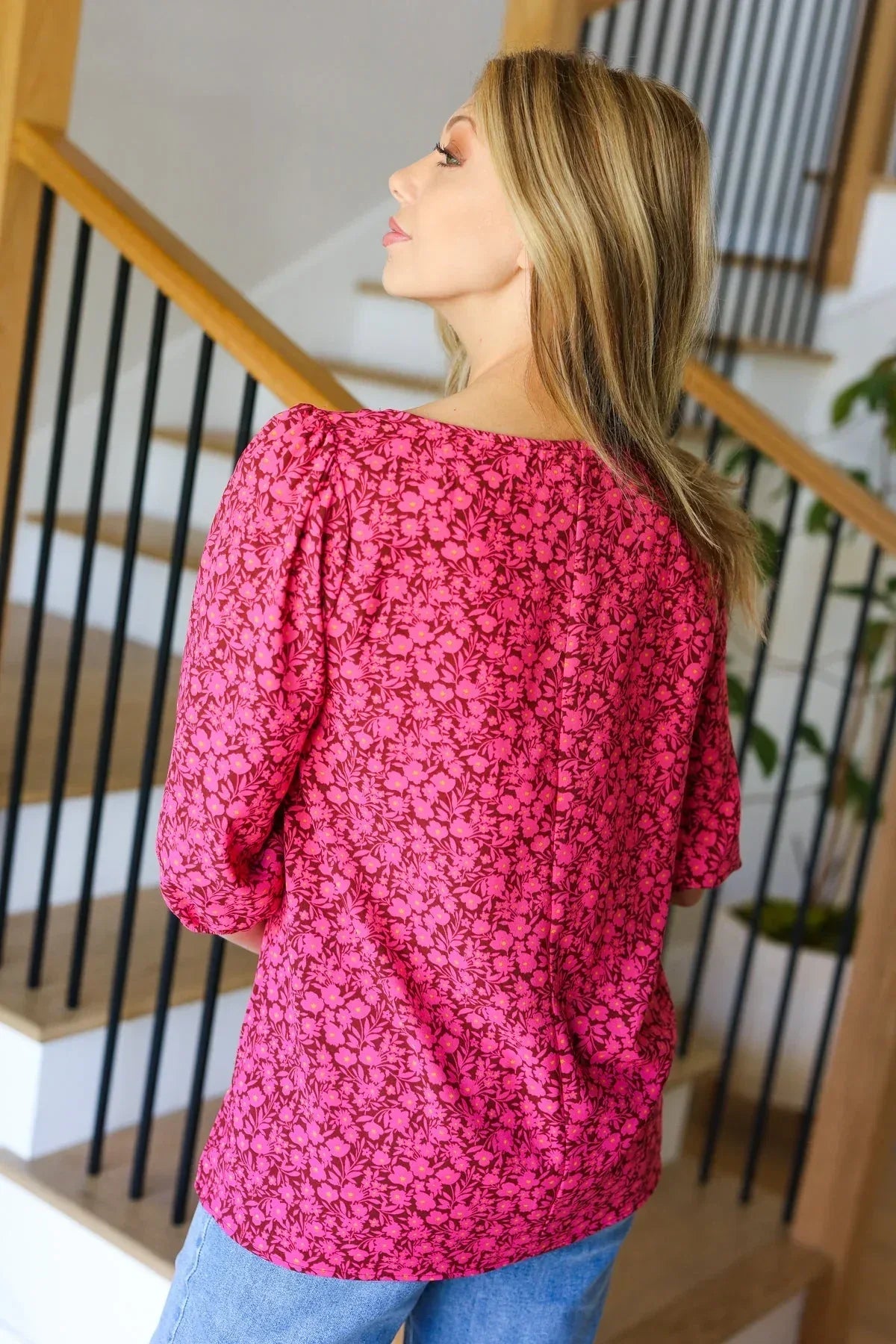 Perfectly You Fuchsia Floral Three Quarter Sleeve Square Neck Top - DAVERRI FASHIONS