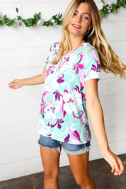 Turquoise & Purple Flat Floral Print Top | Daverri Fashions