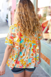 Peach & Aqua Floral Babydoll Top | Daverri Fashions