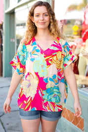 Fuchsia Floral Print Woven V Neck Top | Daverri Fashions