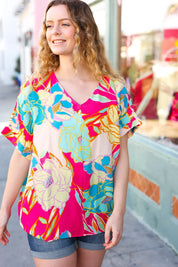 Fuchsia Floral Print Woven V Neck Top | Daverri Fashions