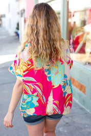 Fuchsia Floral Print Woven V Neck Top | Daverri Fashions