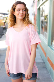 Baby Pink Ribbed V Neck Hi-Low Slit Top | Daverri Fashions