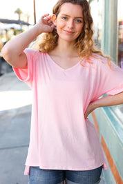 Baby Pink Ribbed V Neck Hi-Low Slit Top | Daverri Fashions