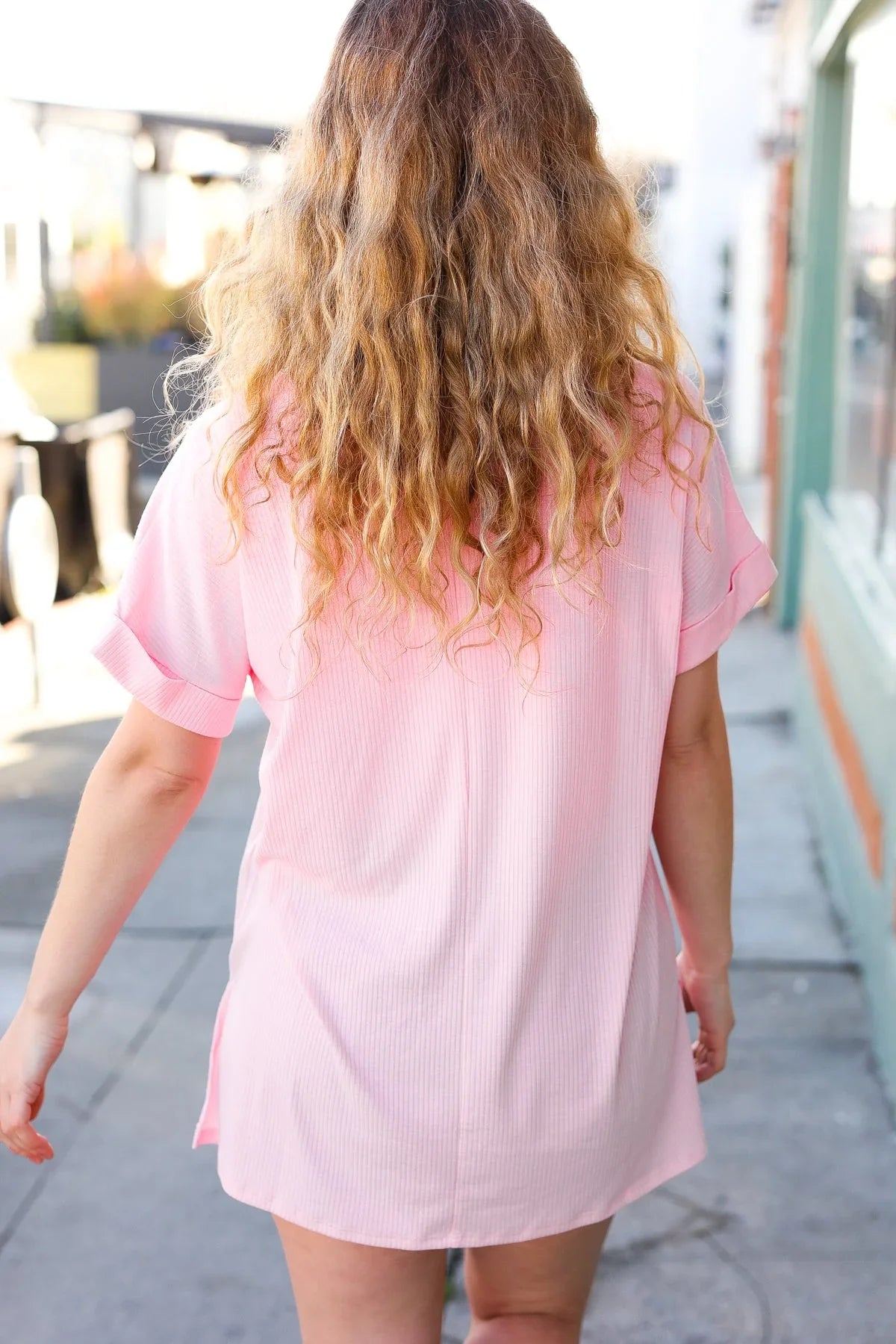 Baby Pink Ribbed V Neck Hi-Low Slit Top | Daverri Fashions