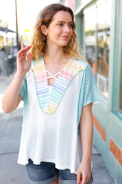 Cream Multi Stripe Lace Up Neck Color Block Top | Daverri Fashions