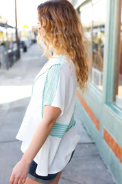 Cream Multi Stripe Lace Up Neck Color Block Top | Daverri Fashions