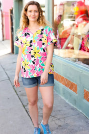 Fuchsia & Emerald Flat Floral V Neck Top | Daverri Fashions