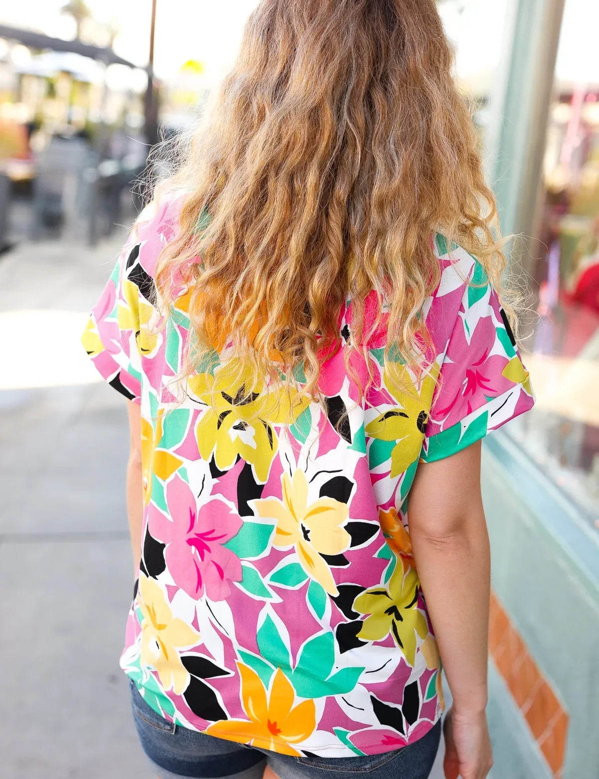 Fuchsia & Emerald Flat Floral V Neck Top | Daverri Fashions