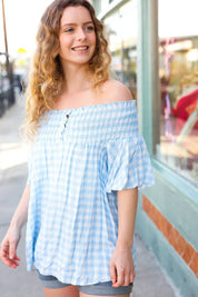 Blue Gingham Smocked Button Off Shoulder Top | 07-01-25 Summer Sale Daverri Fashions