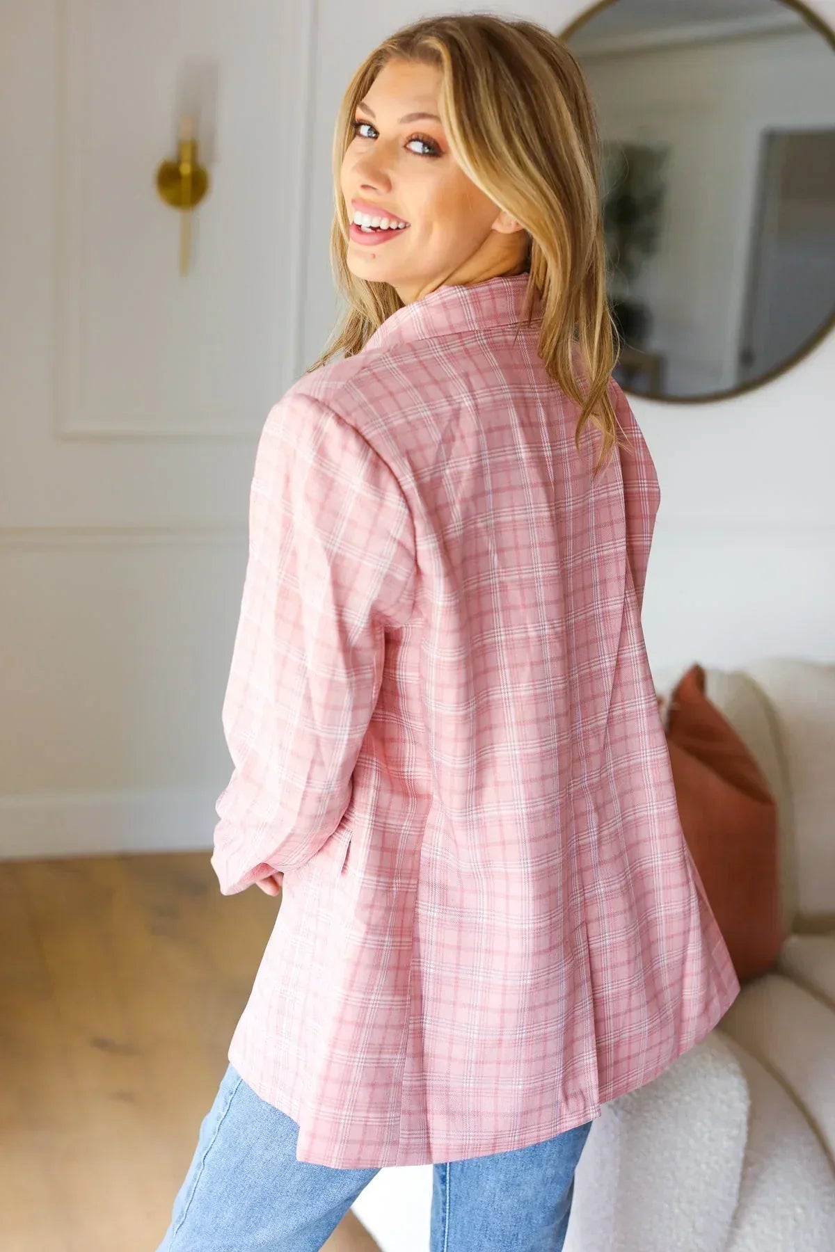 Get To It Pink Plaid Double Breasted Collar Lapel Blazer - DAVERRI FASHIONS