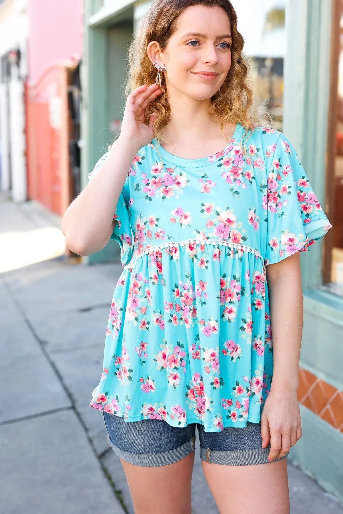 Sky Blue Three-Quarter Sleeve Floral Peplum Babydoll Top | Daverri Fashions