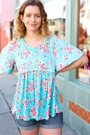 Sky Blue Three-Quarter Sleeve Floral Peplum Babydoll Top | Daverri Fashions