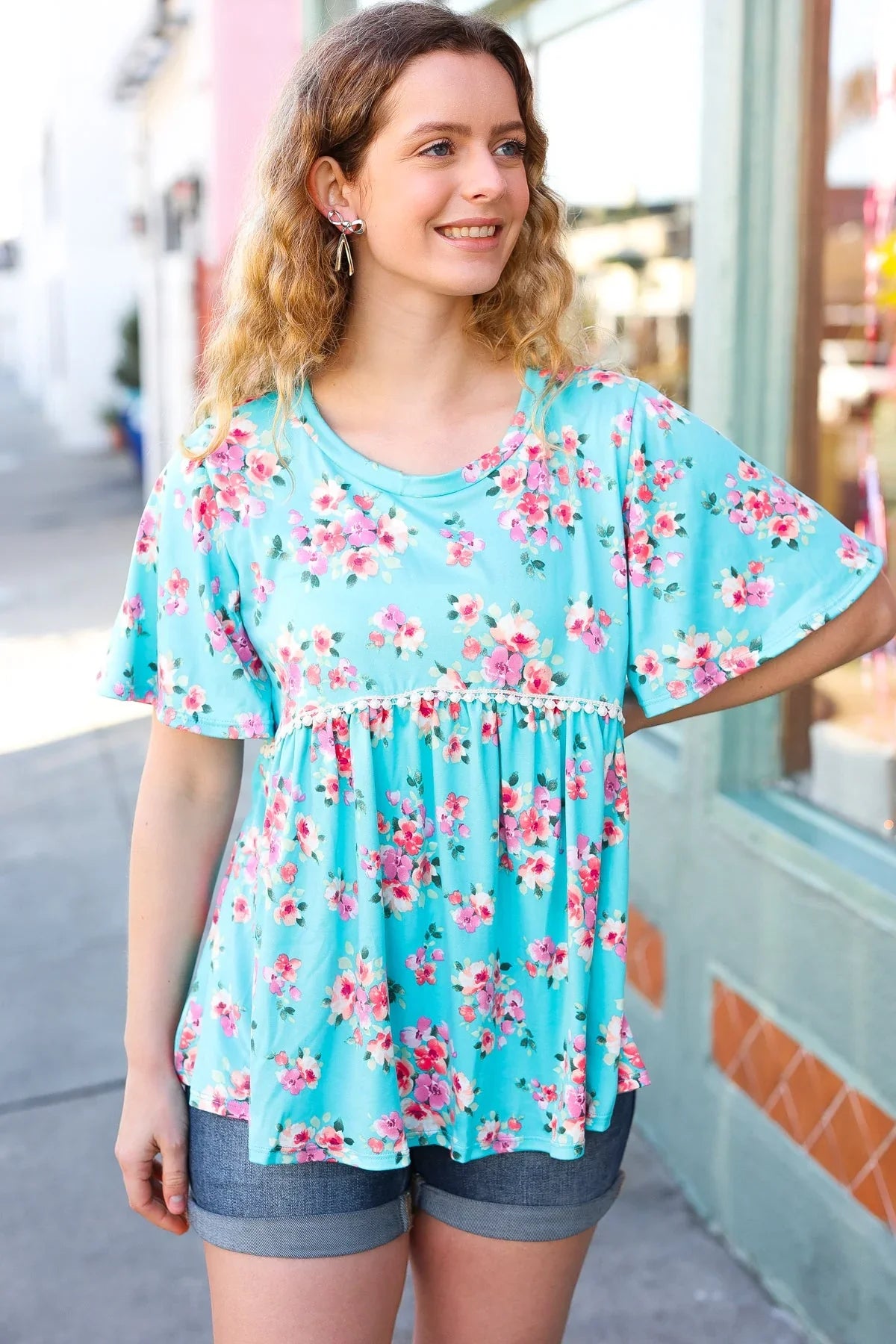 Sky Blue Three-Quarter Sleeve Floral Peplum Babydoll Top | Daverri Fashions