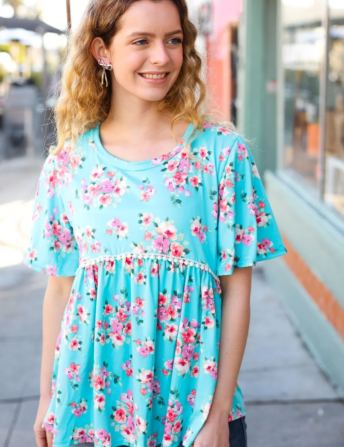 Sky Blue Three-Quarter Sleeve Floral Peplum Babydoll Top | Daverri Fashions