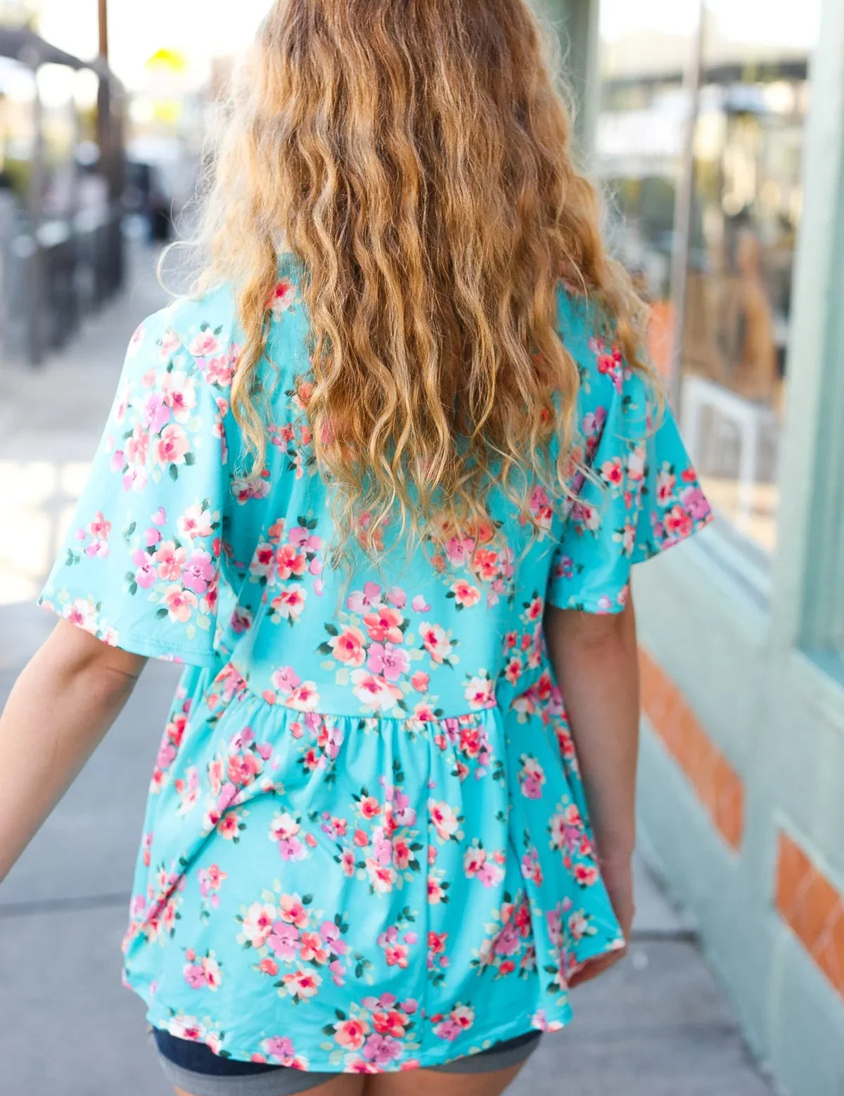 Sky Blue Three-Quarter Sleeve Floral Peplum Babydoll Top | Daverri Fashions