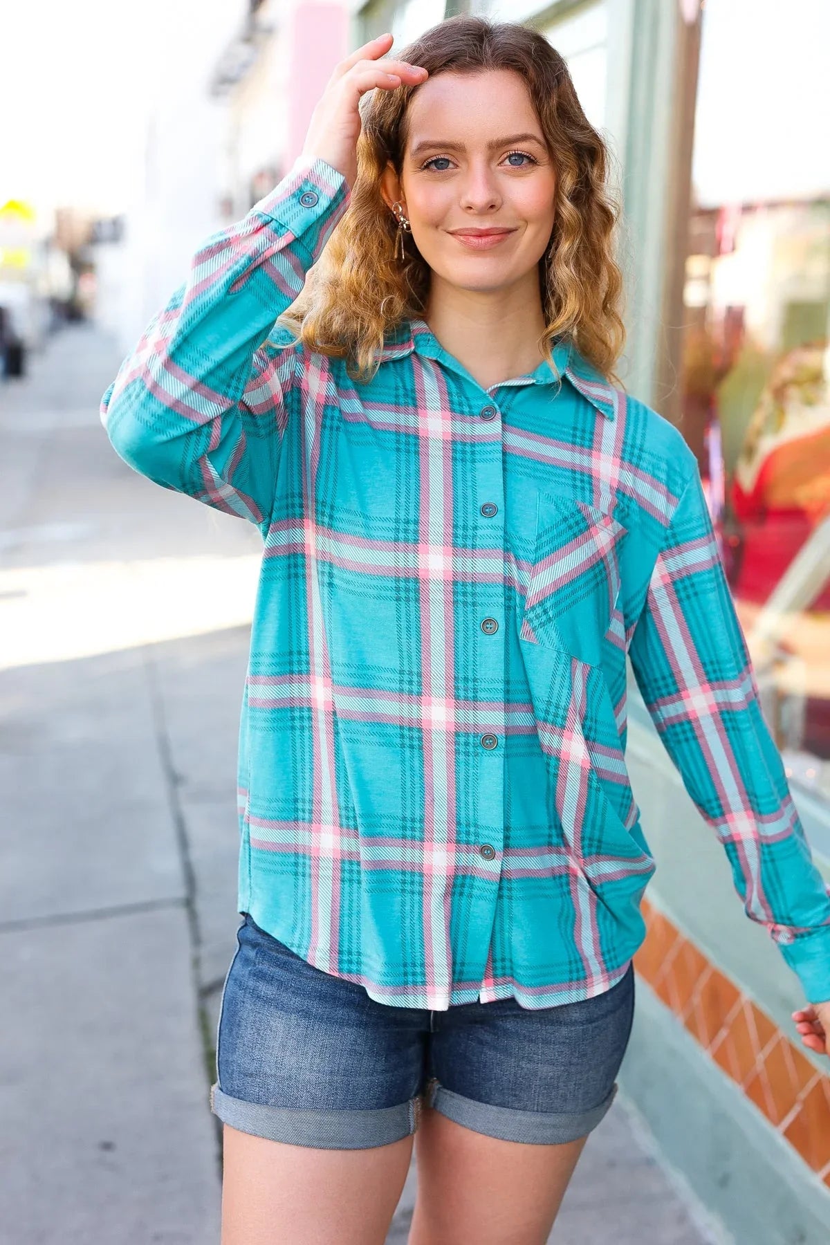 Teal & Pink Plaid Front Pocket Button Down Shacket | Daverri Fashions