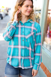 Teal & Pink Plaid Front Pocket Button Down Shacket | Daverri Fashions