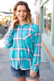 Teal & Pink Plaid Front Pocket Button Down Shacket | Daverri Fashions