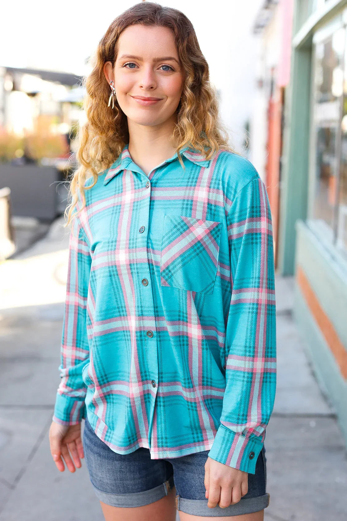Teal & Pink Plaid Front Pocket Button Down Shacket | Daverri Fashions