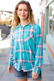Teal & Pink Plaid Front Pocket Button Down Shacket | Daverri Fashions