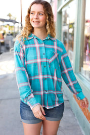 Teal & Pink Plaid Front Pocket Button Down Shacket | Daverri Fashions