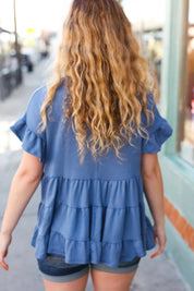 Denim Ruffle Tiered Frill Short Sleeve Swing Top | 07-01-25 Summer Sale Daverri Fashions